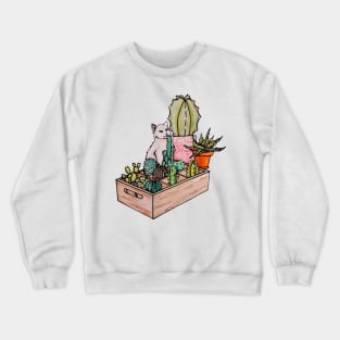 Watercolor Cat with a box of cacti Crewneck Sweatshirt